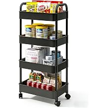 4-Tier Storage Trolley on Wheels, Slide Out Rolling Utility Cart for Kitchen Bathroom Narrow Places Laundry Room Bedroom Office, Space-Saving Mobile Storage Shelving Organizer Black