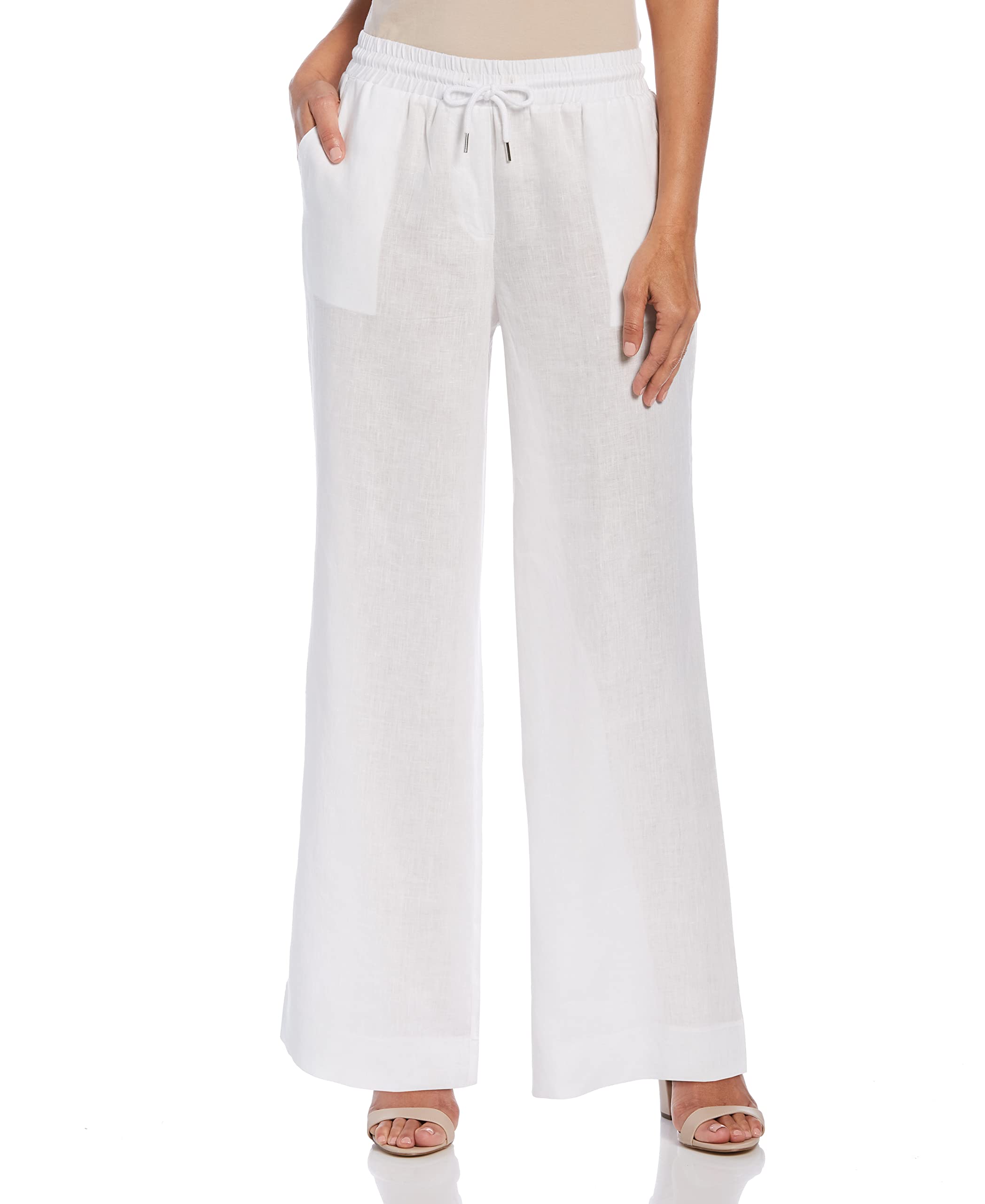 Cubavera Women's Wide Leg Drawstring Linen Pant, White, Large