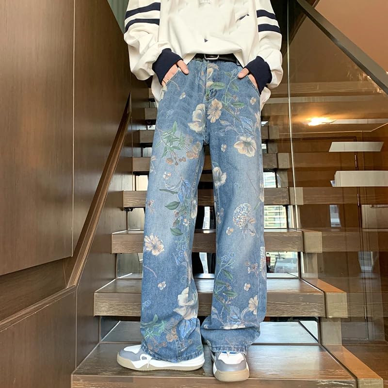 Baggy Jeans Men Floral Printed Korean Style Autumn Denim Pants2