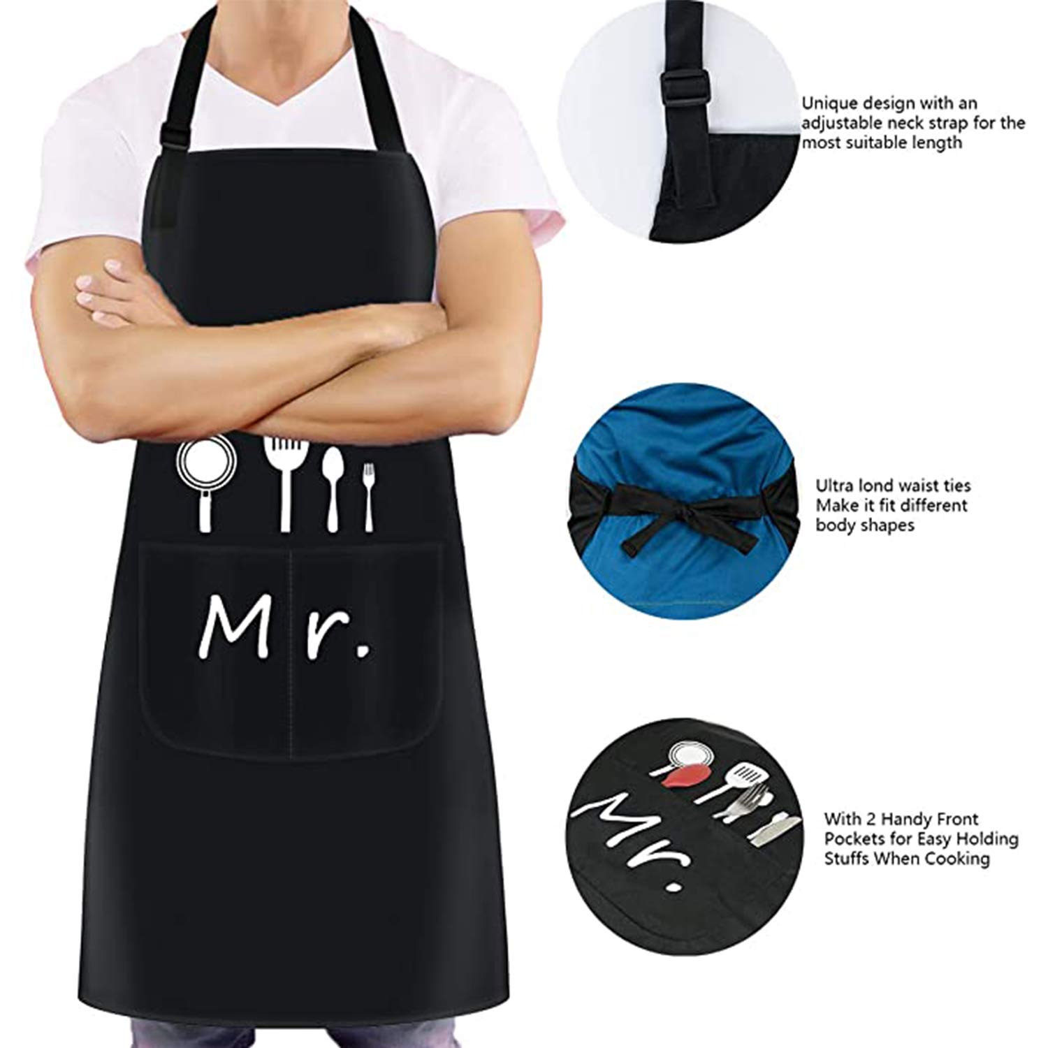 Mr & Mrs fartuch kuchenny, fartuch kuchenny z regulowanym pałąkiem na szyję i 2 kieszeniami, może być używany na wieczory przy grillu dla mężczyzn i kobiet w ogrodzie