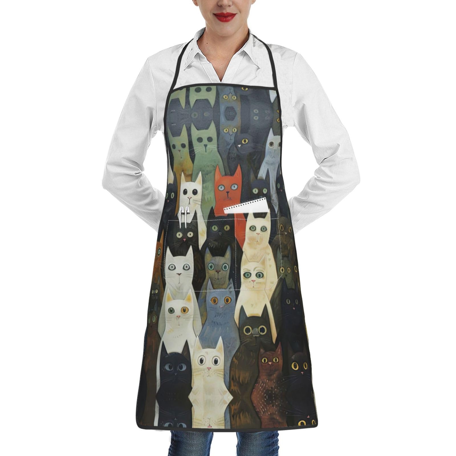 ERSDWRE Delantales de gato para mujer con bolsillos, delantal de cocina, delantal de servidor, delantal para el hogar, restaurante, cocina, horneado, blanco, Talla única