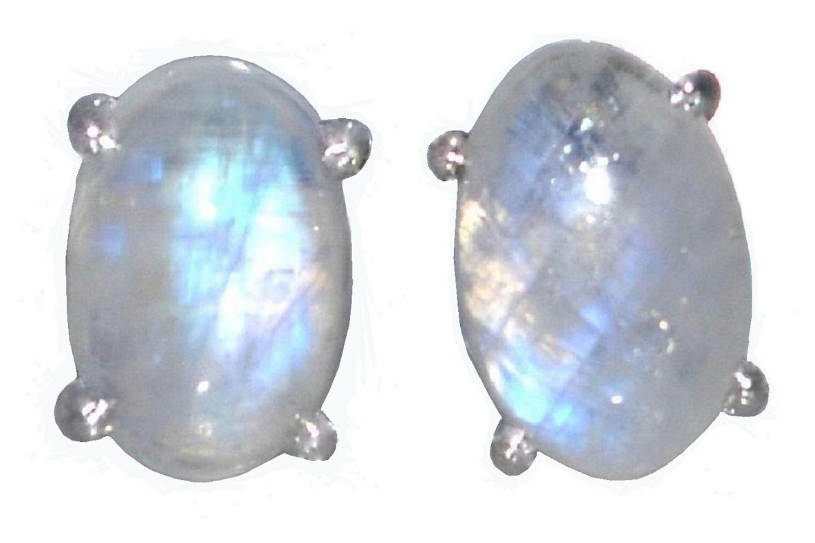Rhodium plated Sterling Silver Rainbow Moonstone stud Earrings Natural Gemstone Earring