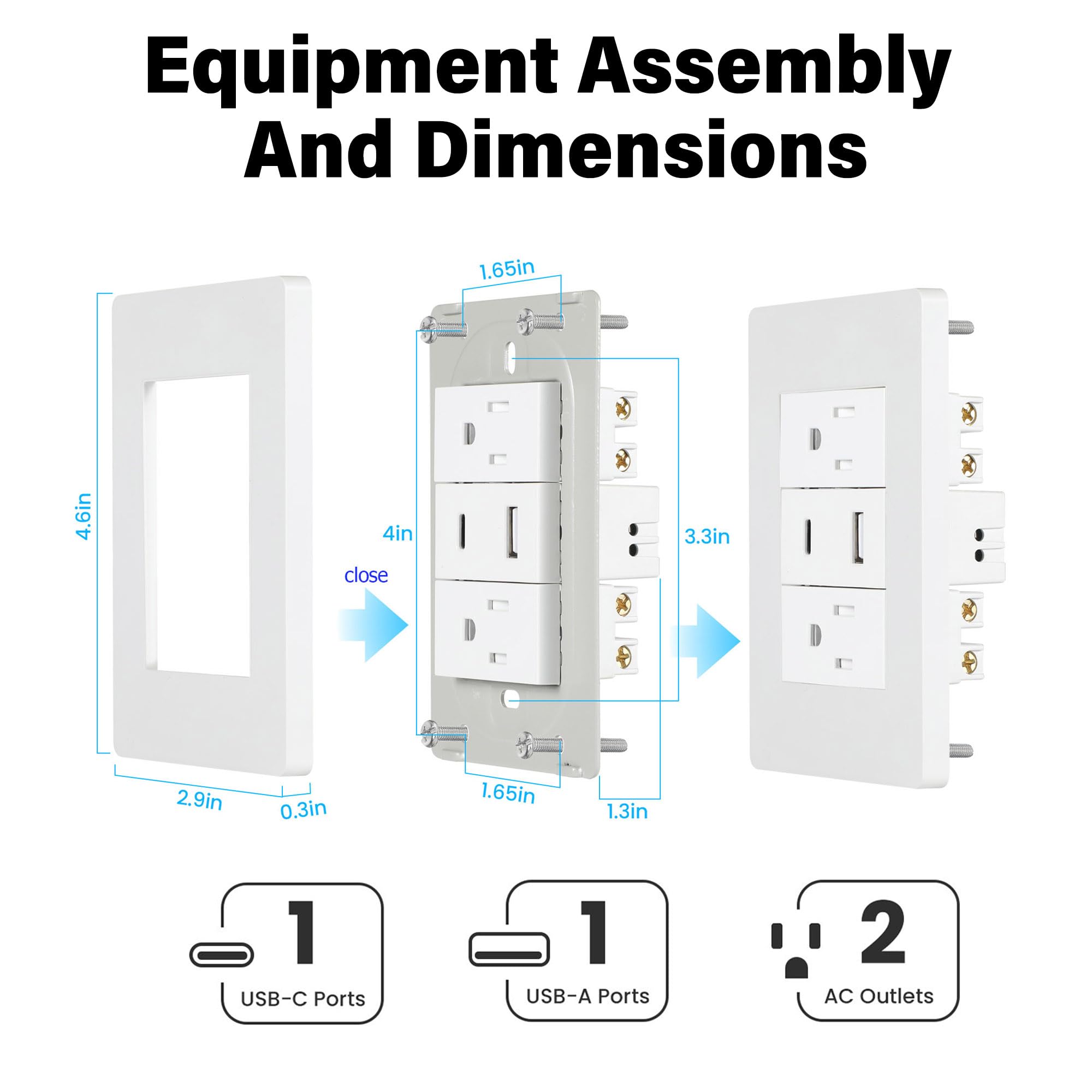 AWINLI Prise de courant USB, prise murale double port USB, prise inviolable duplex de 10 A, prise de charge avec port USB C, vis et plaque murale, 1 lot (blanc)