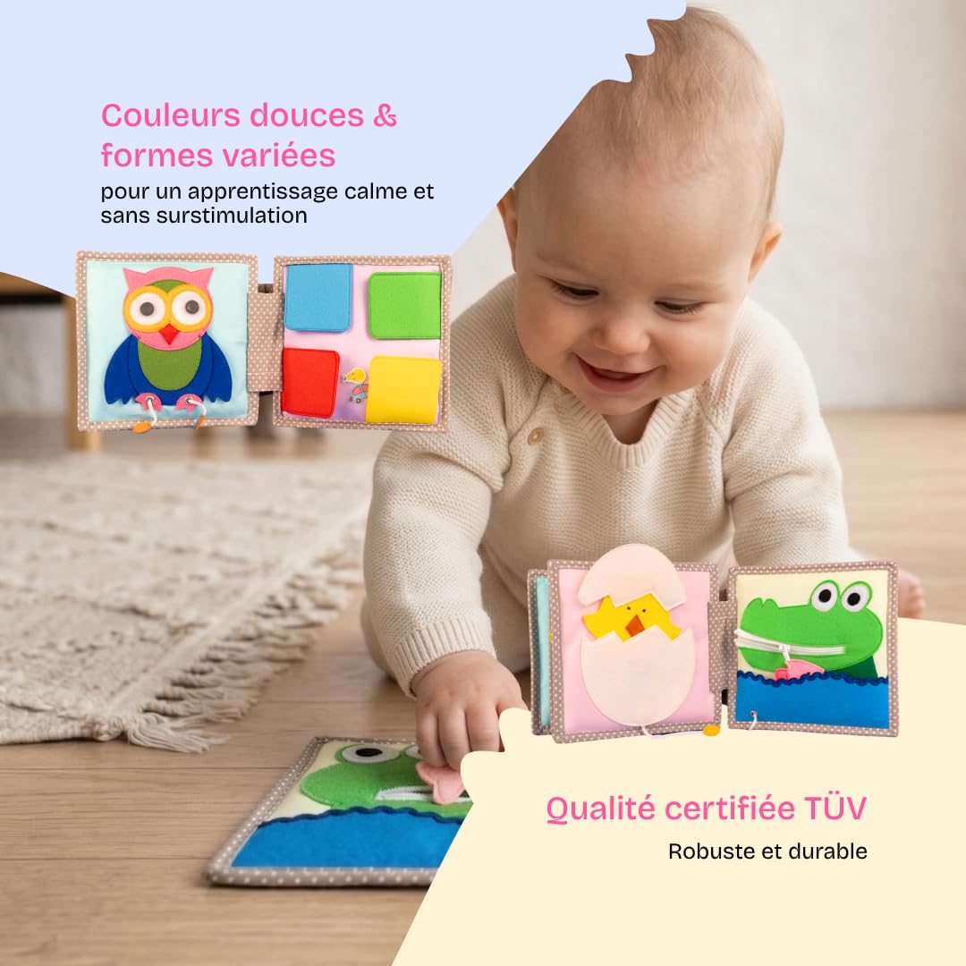 Jolly Designs Mini Quiet Book Peek-a-Boo - Jouet Montessori à partir de 6 mois - Favorise la motricité et la perception sensorielle - Livre en tissu pour bébé - Livre de feutre fait à la main -