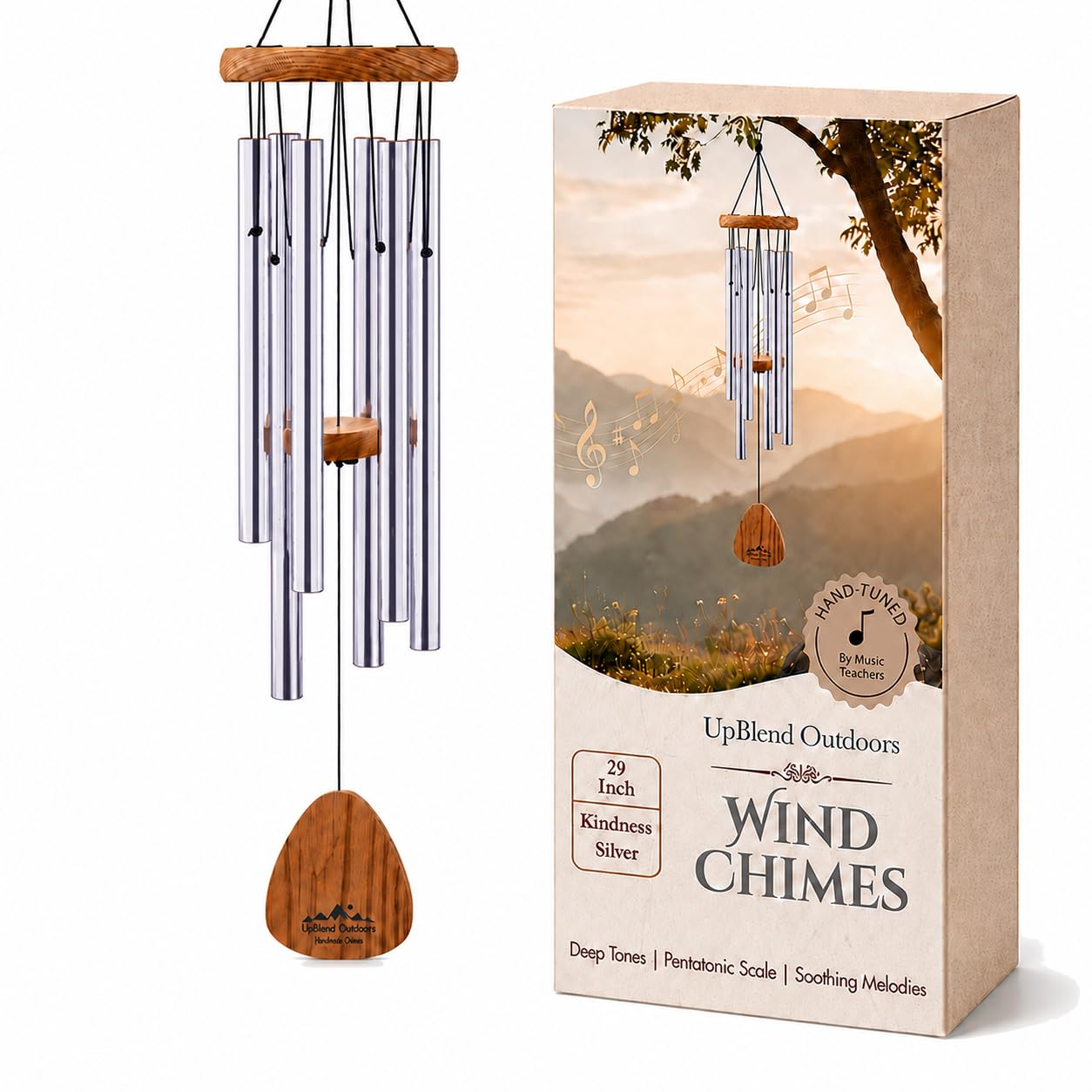 UpBlend Outdoors Carillon éolien pour extérieur – Carillon éolien argenté de 73,7 cm pour l'extérieur, Carillon éolien harmonique pour l'extérieur, Carillon éolien pour Maman, Grand-mère, Carillon à