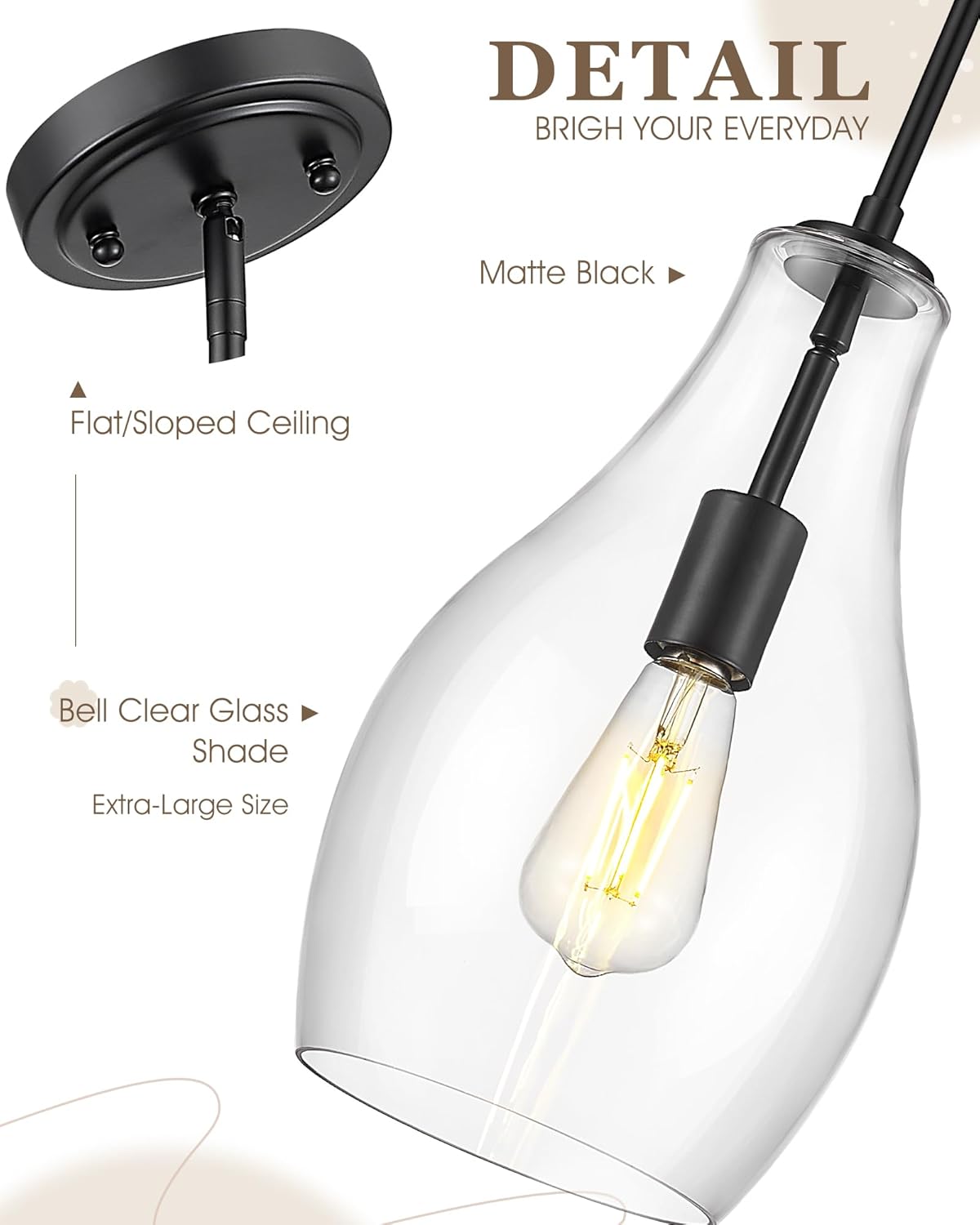 Black Pendant Lights Kitchen Island, 8" Large Hanging Light Fixtures with Clear Glass Shade, Modern Lagre Kitchen Pendant Lighting Over Island for Dining Room, AD-25045-1PB-BK