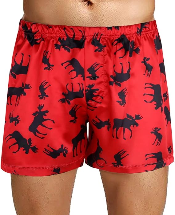 CHICTRY Men's Satin Boxers Novelty Elk Print Lounge Sports Shorts
