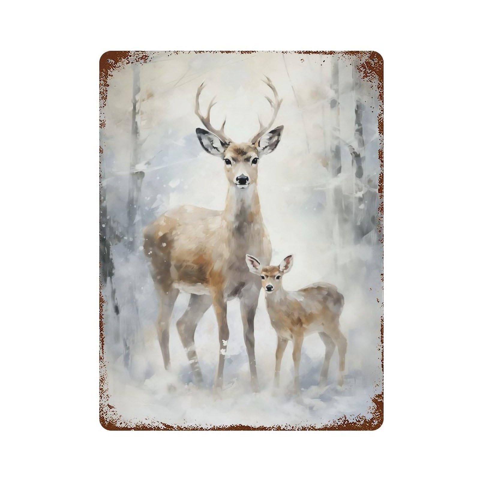 Merry Xmas Deer Family Rust Effect Tin Sign 15.7"x11.8", Novelty Wall Decor for Garage, Pub Or Kitchen