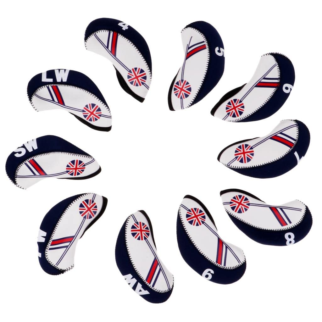 10pcs Golf Headcovers Head Covers Iron Protect Union Jack Beige+Deep Blue