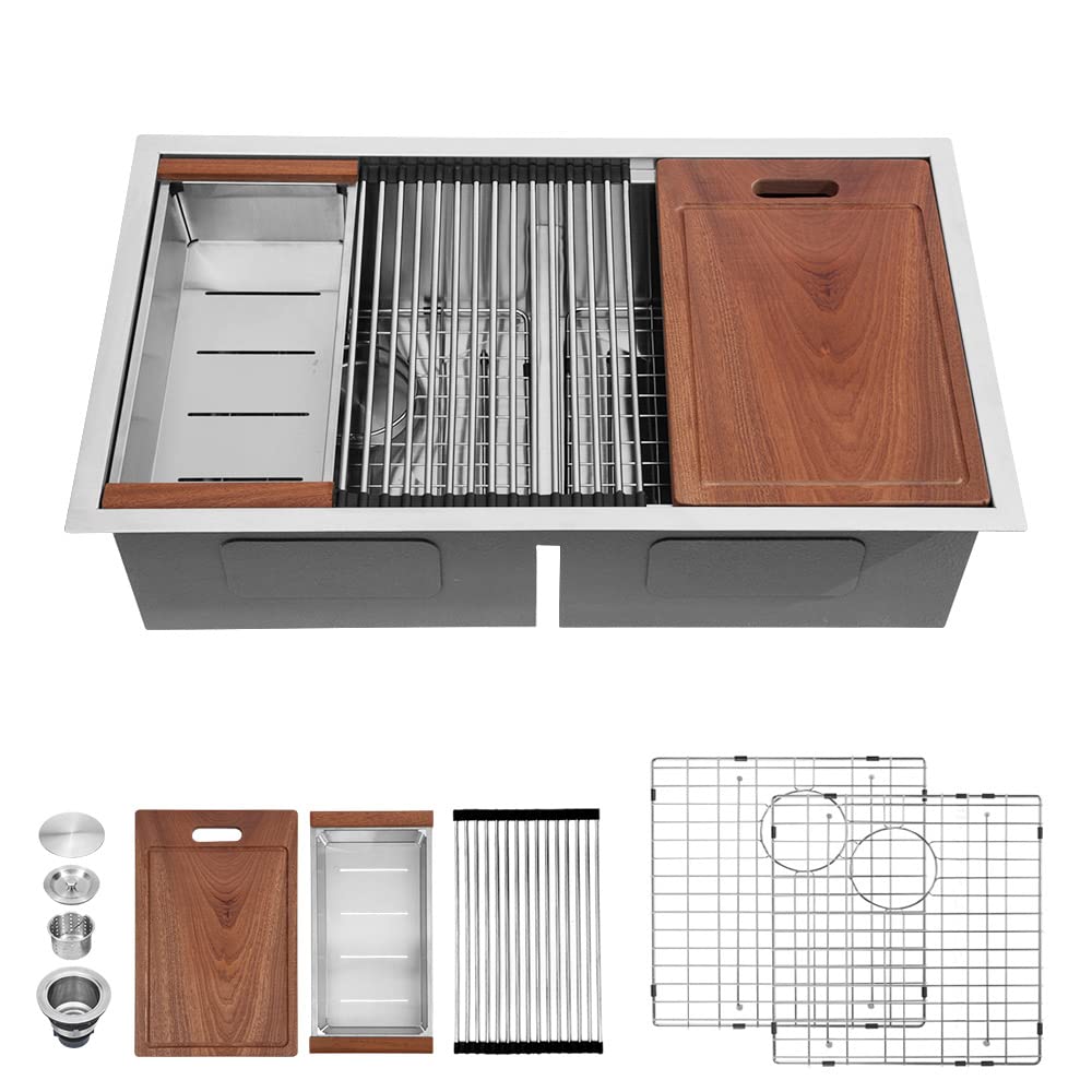 Sarlai 32 Undermount Kitchen Sink Double Bowl - 32x19 Inch Kitchen Sink Stainless Steel 16 Gauge Ledge Workstation Low Divide Under Counter 50/50 Double Basin Sinks