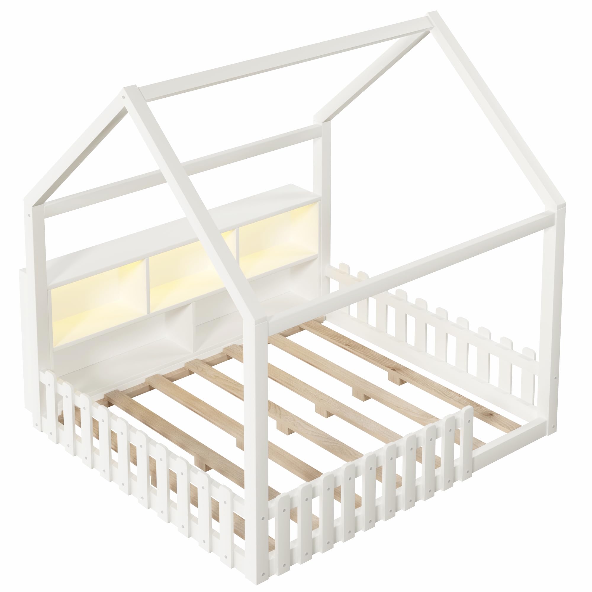Cama Montessori 140x190 con Barrera y Luz LED, Camas Infantiles con Diseño de Casa y Compartimentos Abiertos, Cama Casita Criança Camas Cuna Niño Niña con Listones de Madera, Sin Colchón, Blanco