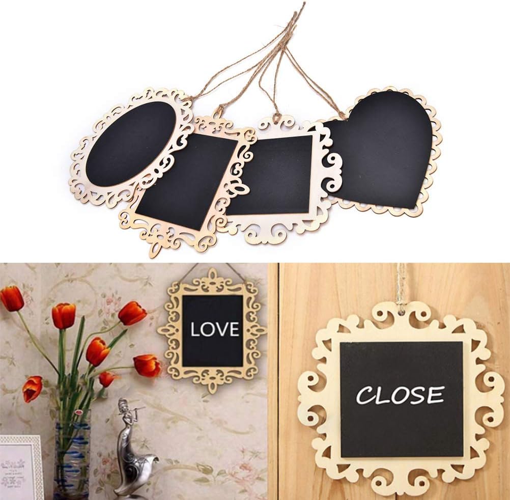 4 Pack Hanging Chalkboard Signs, Mini Wooden Blackboard Message Board with Decorative Hollow Border for Wedding Kitchen Party Garden (Heart)