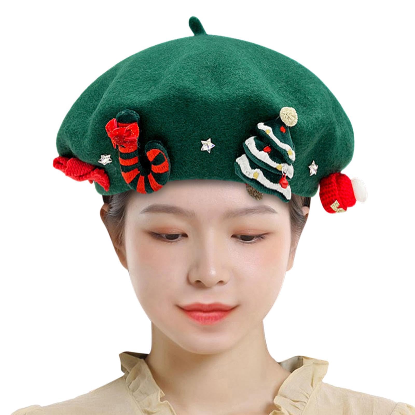Christmas Beret Hat Casual Xmas Cap Painter Hat Womens French Beret for Christmas Holiday Birthday Gift Adults, Green