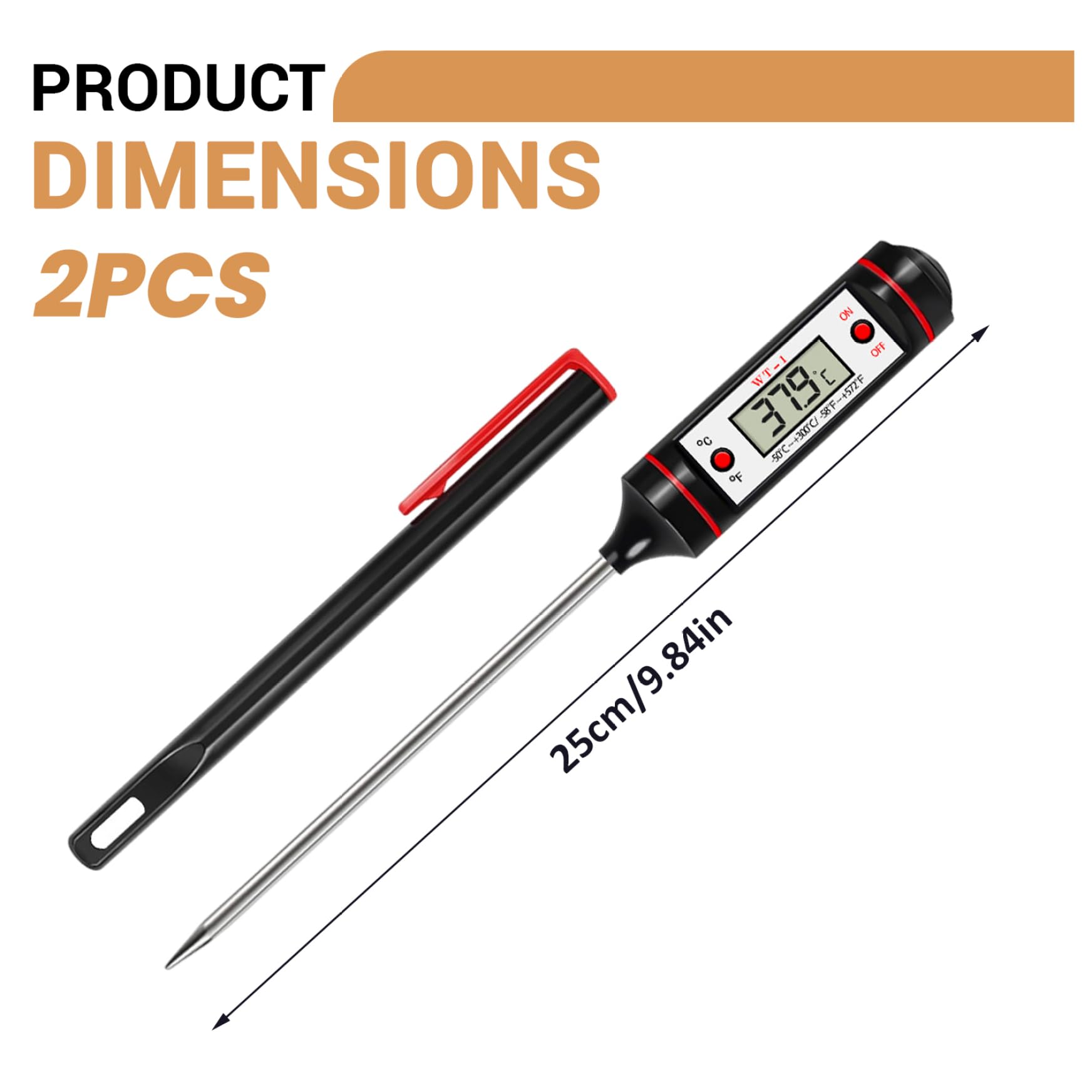 2Pcs Instant Read Food Thermometer, WT-1 Digital Probe Thermometer for Cooking, Kitchen, Grill, Water, Milk, Jam