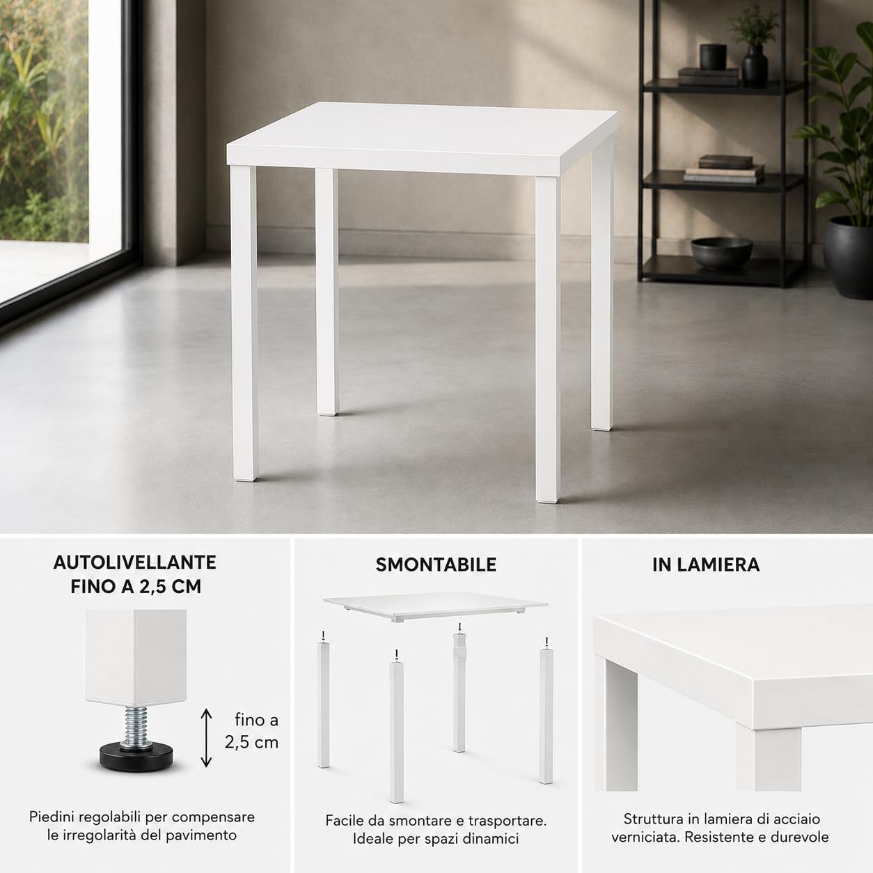 MA MAISON Tavolo Autolivellante da Esterno 70x70 cm - in Lamiera, da Giardino, da Balcone, da Bar, Smontabile, Design Moderno, Versatile, per 4 Persone, Resistente - Made in Italy (Bianco)