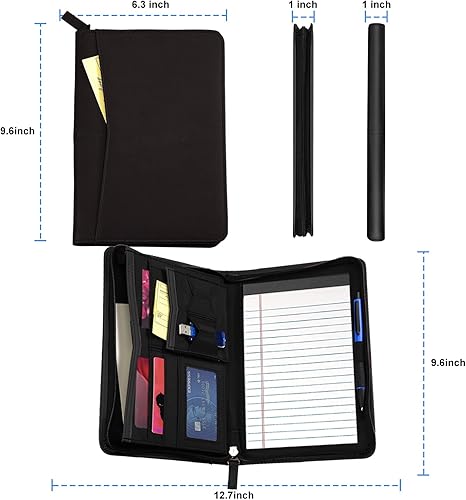Junior Business Padfolio - Carpeta A5 de piel sintética y carpeta con cremallera con bloc de escritura de 5 x 8 pulgadas y bolsillo interior de