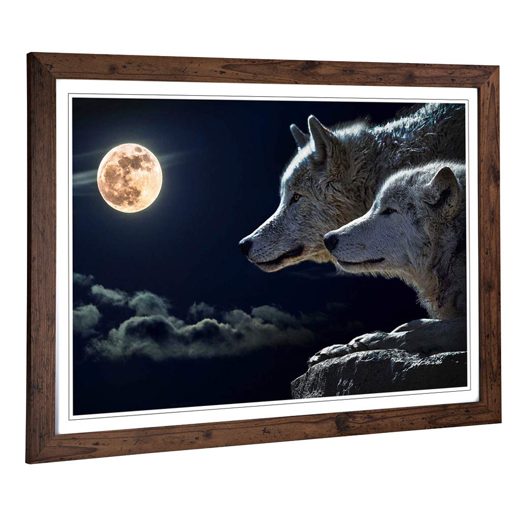 Big Box Art Framed Print of Wolf Wolves & Moon Design | Wall Art Picture | Home Decor for Kitchen, Living, Dining Room, Lounge, Bedroom, Hallway, Office, Walnut, A2 / 24.5x18 Inch / 62x45cm