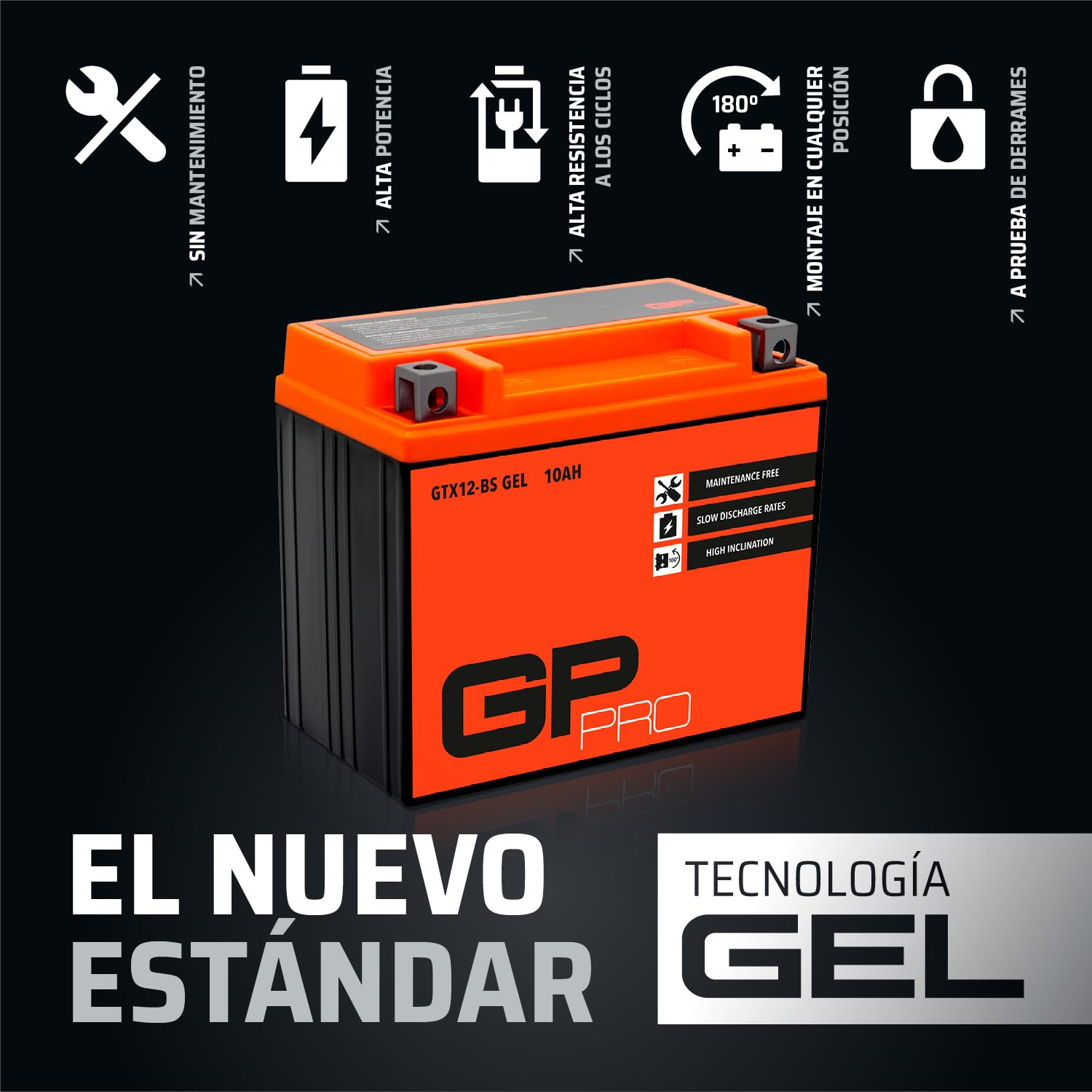 GP-PRO GTX12-BS - Batería de arranque para motos, 12V, 10Ah, parecido a YTX12-BS / 51012, sin necesidad de mantenimiento, 15 x 13 x 8.7 cm