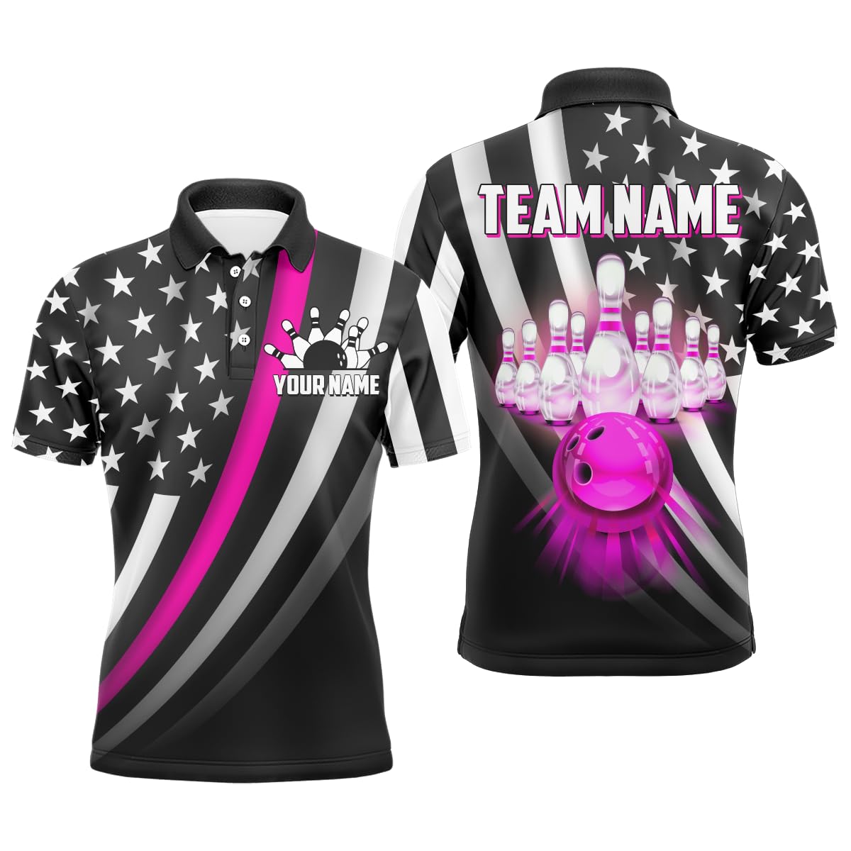 PIONAMZIOZ American Bowling Jersey Custom Patriotic Bowling Shirt for Men & Women Team Bowling Polo & Quarter-Zip Shirt (Polyester, Pink)