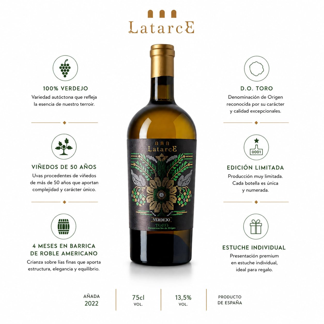 Latarce | Vino Blanco Verdejo Selección | D.O. Toro 100% Verdejo Viñedos 50 Años | 4 Meses en Barrica de Roble Americano | Estuche Individual 75cl | Edición Limitada