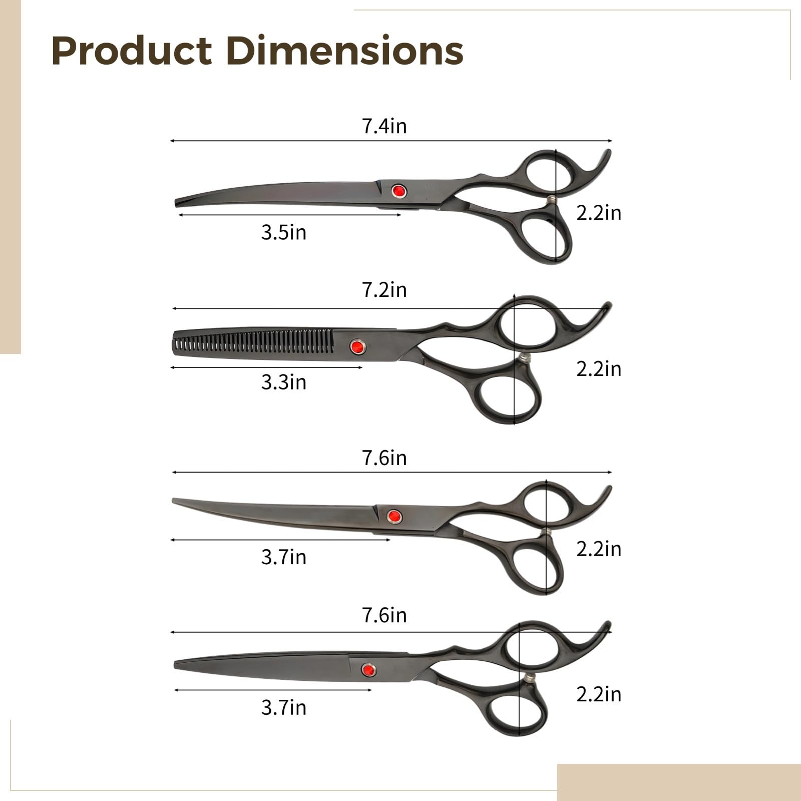 Kit de 7 ciseaux de toilettage pour animaux de compagnie, comprend des ciseaux droits, incurvés et à dents avec peigne, pochette pour le voyage et le rangement