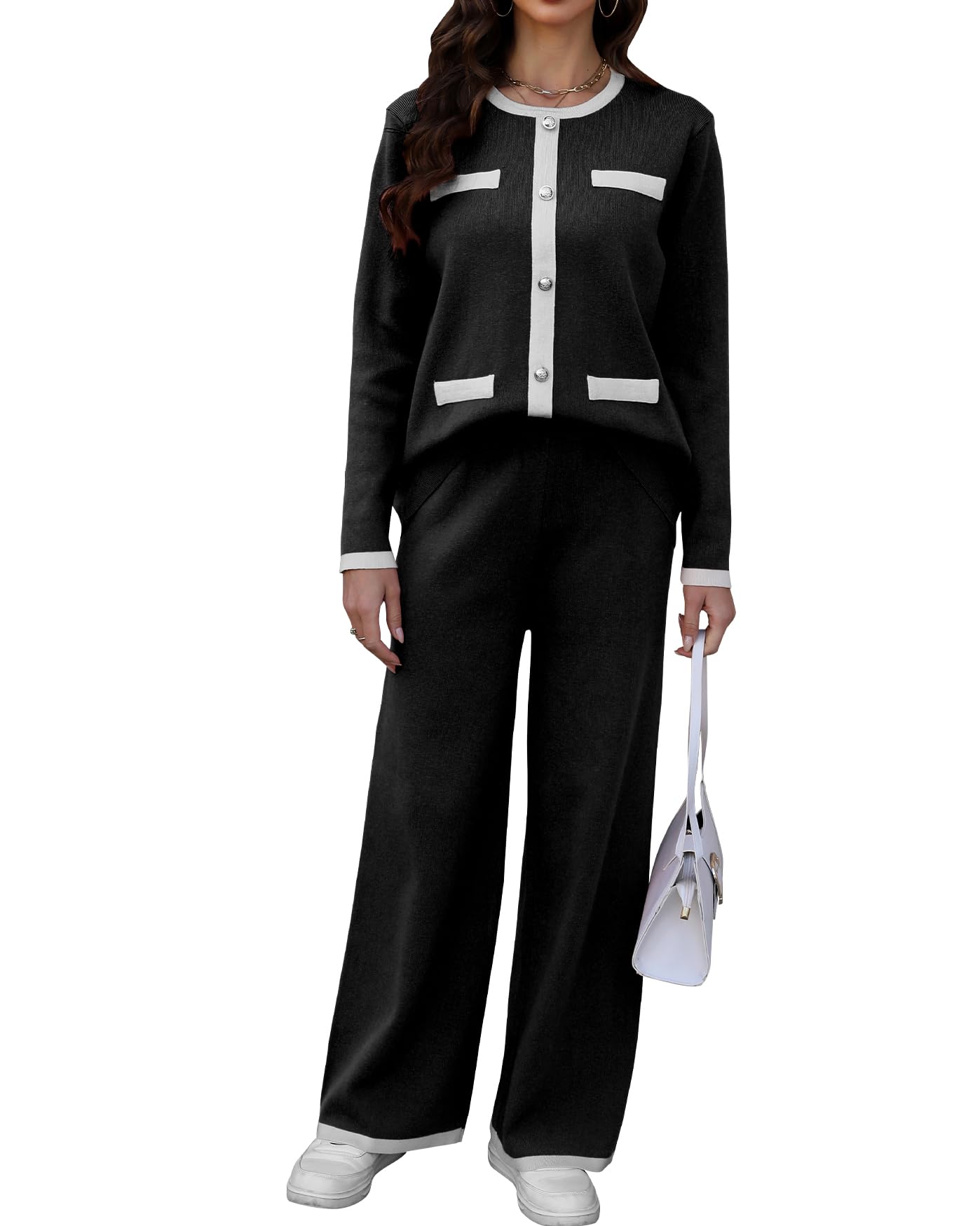 LadyfulWomens 2 Piece Outfits Sweater Set Long Sleeve Knit Top and Wide Leg Pant Lounge Sets