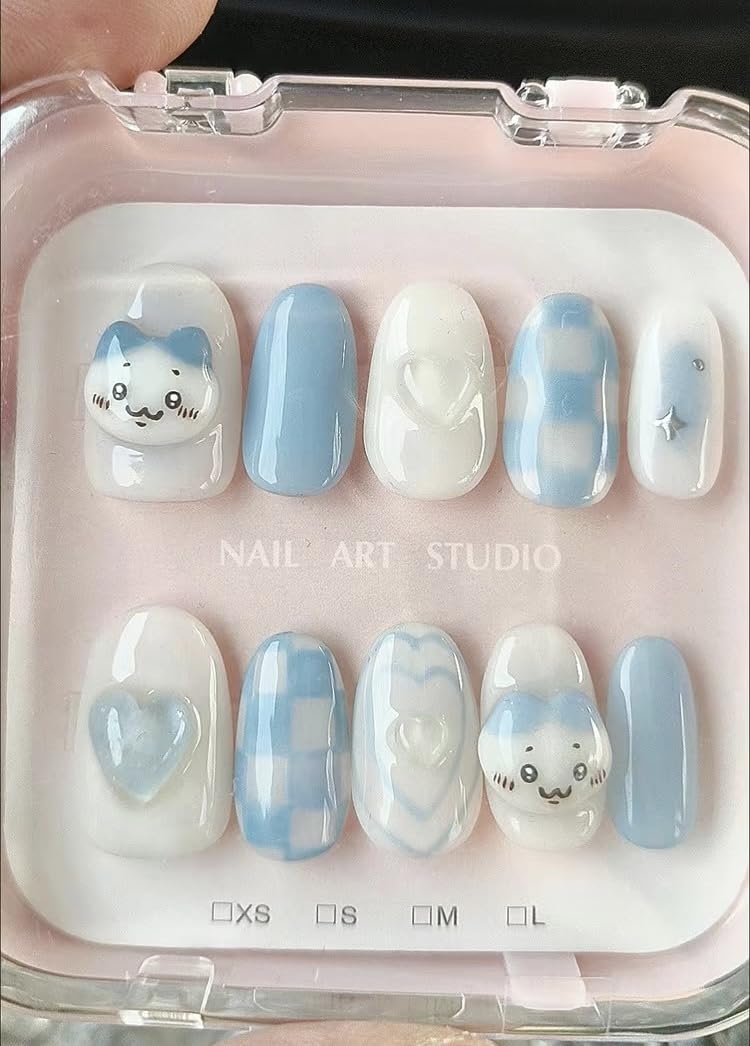 Amazon | ちいかわ ハチワレ ネイルチップ 手作り ミディアム ショート