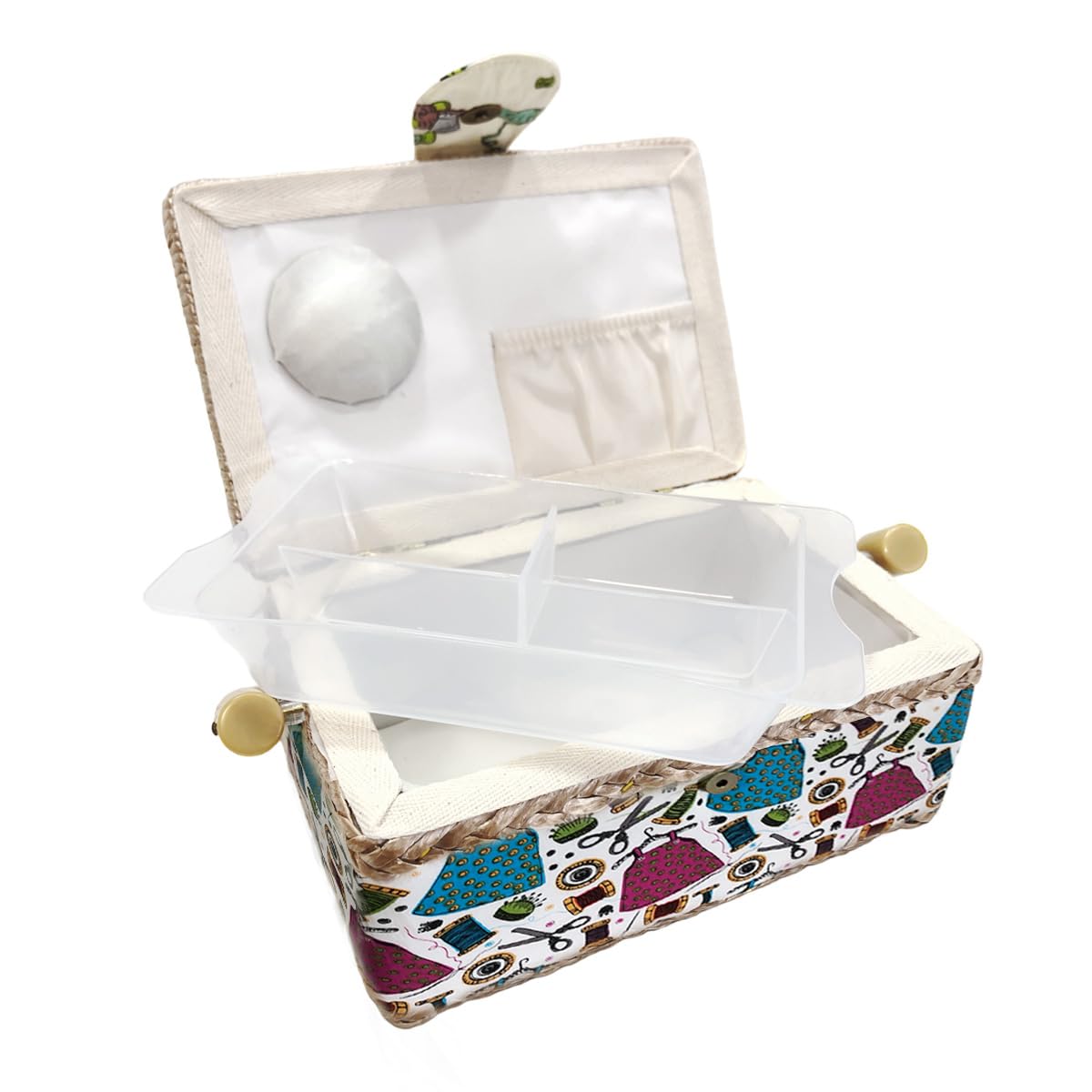 Small Empty Wooden Sewing Box, Fabric Lined Sewing Box with 4 Compartments, Organizer with Pin, Storage Box with Handle - Image 2