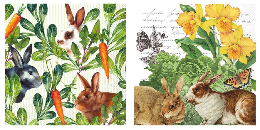BostonInternationalBoston International Bundle of 2 (20 ct) Woodland Bunny Themed Cocktail Napkins, Hare Cabbage and Hasen Und Mohren