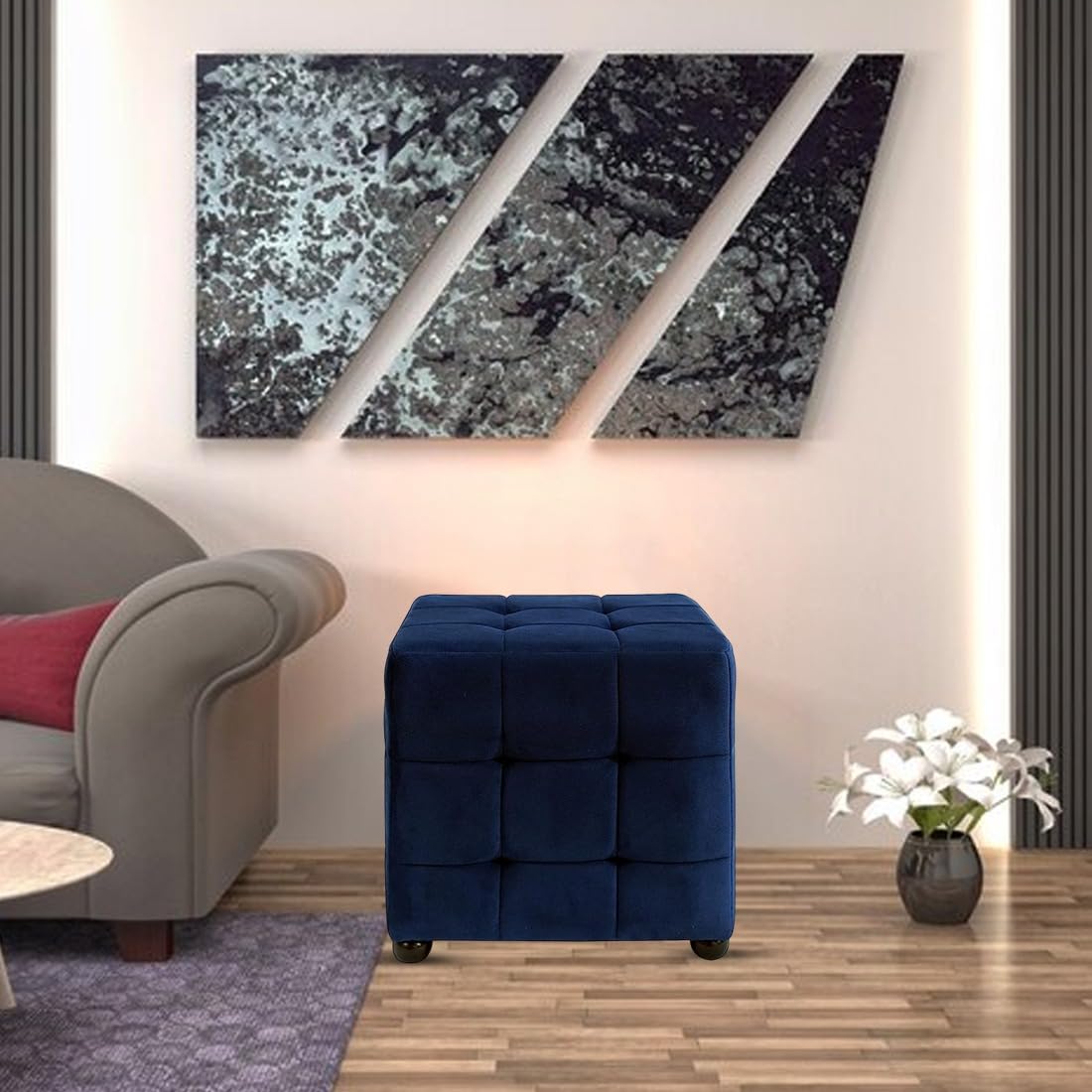 ROUNDHILL FURNITURE Polyester Velvet Upholstered Square Ottoman | Multipurpose Mango Wood Cushioned Sitting Footrest Shoe Stool Pouffe for Living Room, Bedroom, Hallway, Hotels and Home Décor (Blue)