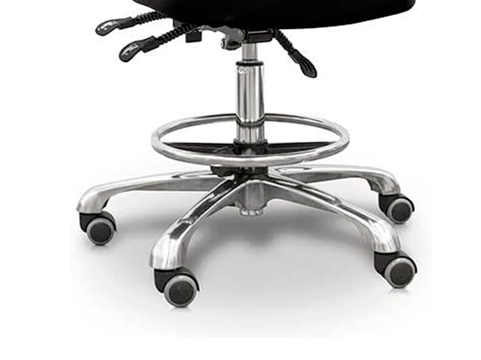 QUIRUMED Taburete hidráulico con Respaldo, Asiento reclinable y reposapiés, Color Negro, tapizado en Polipiel, Acero Cromado, Antideslizante, Ergonómico
