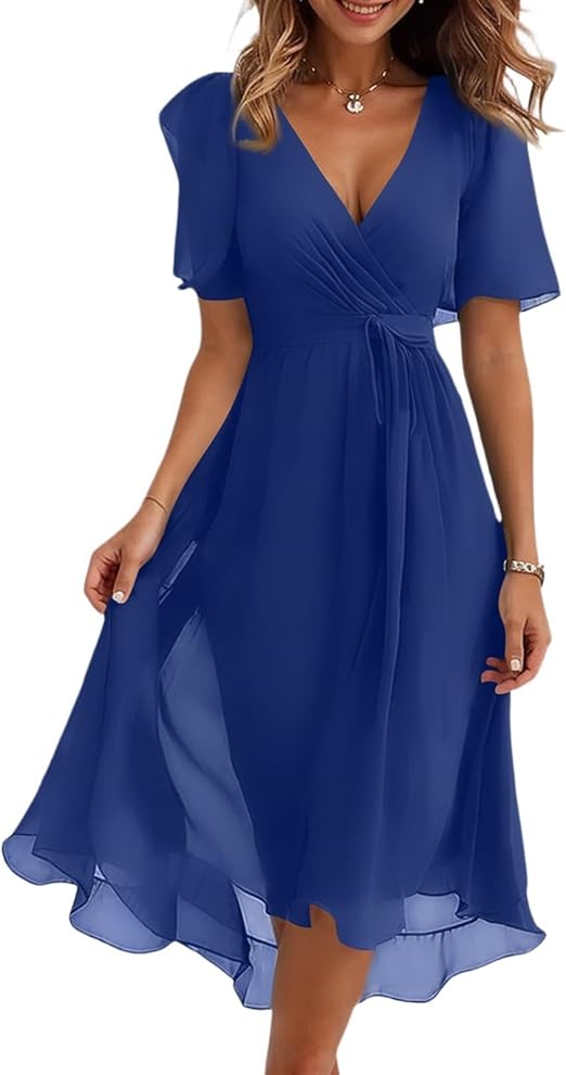 Spring Summer Chiffon Midi Dresses for Women 2025 Elegant Classy Wedding Guest Floral Formal Cocktail Prom Dress