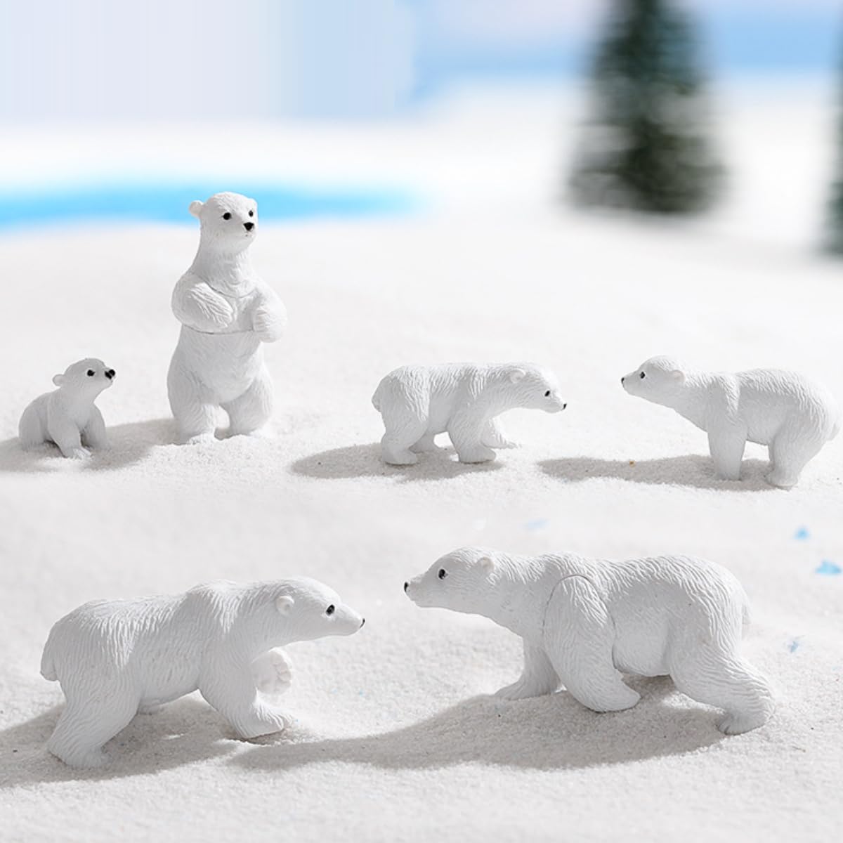 FOLANDO Polar Bear Figure Set, 6 Pcs Mini Polar bear Figurines Ornaments Polar bear family Statue Garten Decoration Ocean Animal Figures Sculpture Micro Landscape Desk Office Car Decor (6 polar bears)
