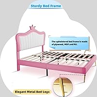 Vista 6 de Linique Base de cama tapizada de tamaño matrimonial con luces LED, moderna cama de princesa tapizada con cabecera corona, blanco y rosa