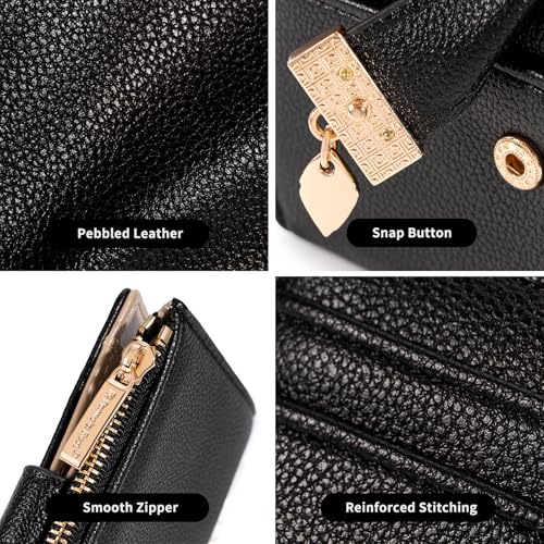 Image of Pomelo Best Small Wallet Women Bifold Soft Leather Card Holder with ID Window Zipper Coin Pocket Wallets for Women Black