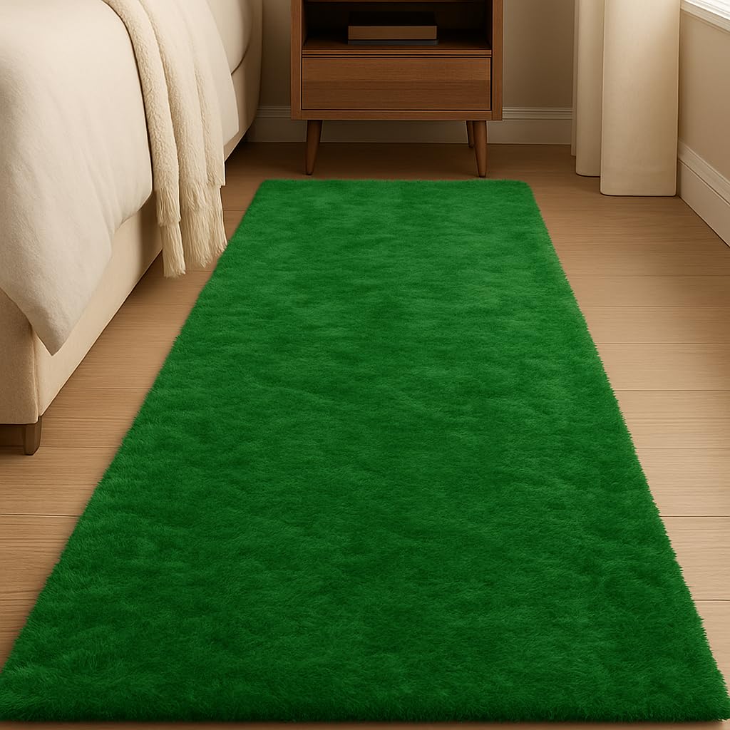 JOYARR Hochflor Läufer Teppich, Flauschig Waschbar Anti-Rutsch Teppiche für Schlafzimmer Bettvorleger Flur Wohnzimmer, 60x180 cm, Dunkelgrün