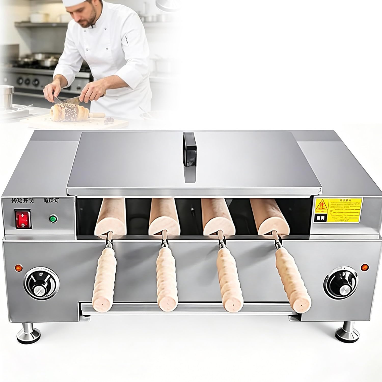 Azcabjie 4 Pcs Non-Stick Roller Chimney Bread Oven Machine, Electric Ice Cream Cone Baking Grill, 3000W Chimney Cake Roll Maker for Snack Making Knob