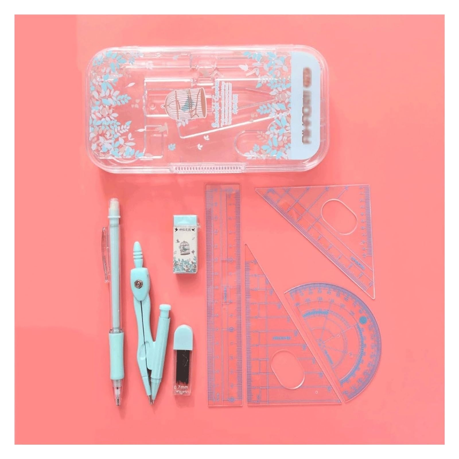 GddOGUK 8PCS Math Geometry Compass Set with Ruler,Protractor,Mechanical Pencil,Eraser,Refill,Drawing Compass Tool Kit for School Office Supplies