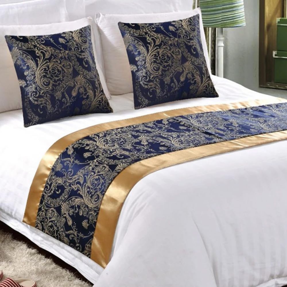 Hstangky Dark Blue Hotel Bed Runner Scarf Bedroom Bedspread Protection Jacquard Luxury Bedding Decoration Bed Throws For Foot Of Bed Bed Towels-||King 19.7 X 102.3