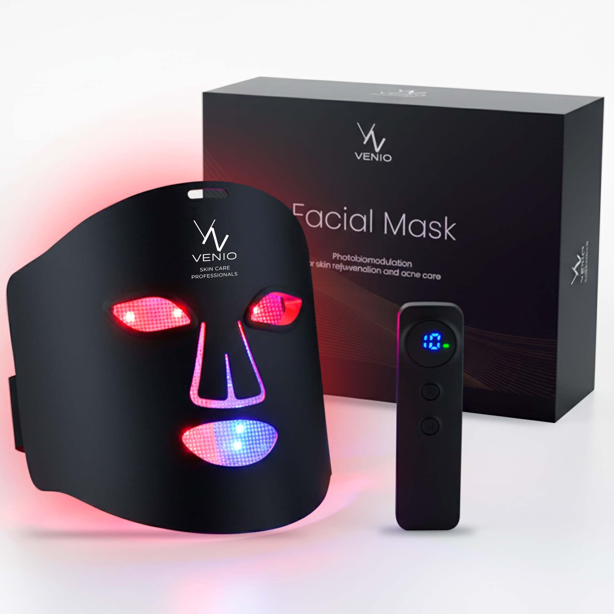 VENIO Maschera LED Viso Professionale – Maschera Viso LED con Luce Rossa e Infrarossi, 4 Colori LED, LED Mask per Routine di Cura Estetica e Benessere a Casa