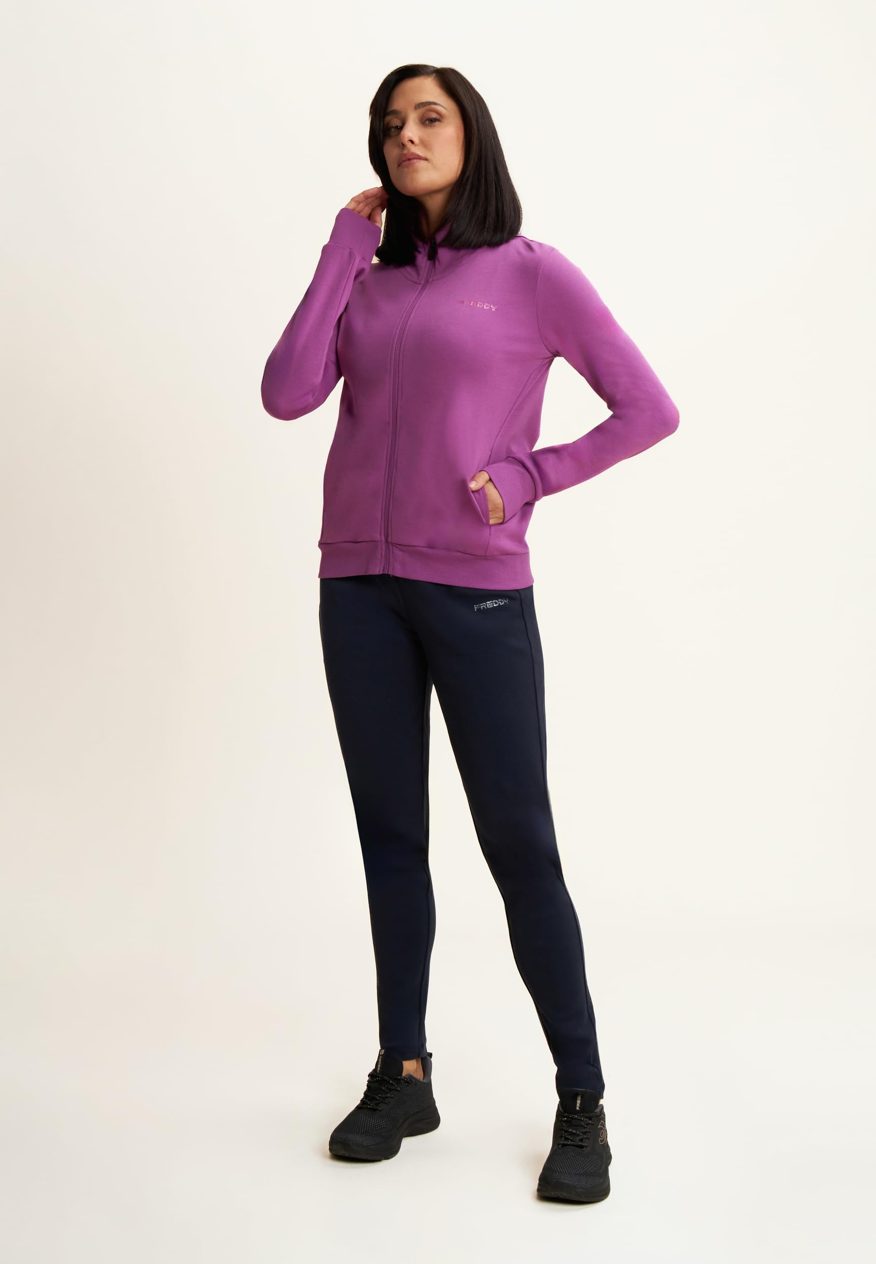 FREDDY Tuta Donna Zip e Collo Alto in Tessuto Interlock di Cotone Logo Glitter