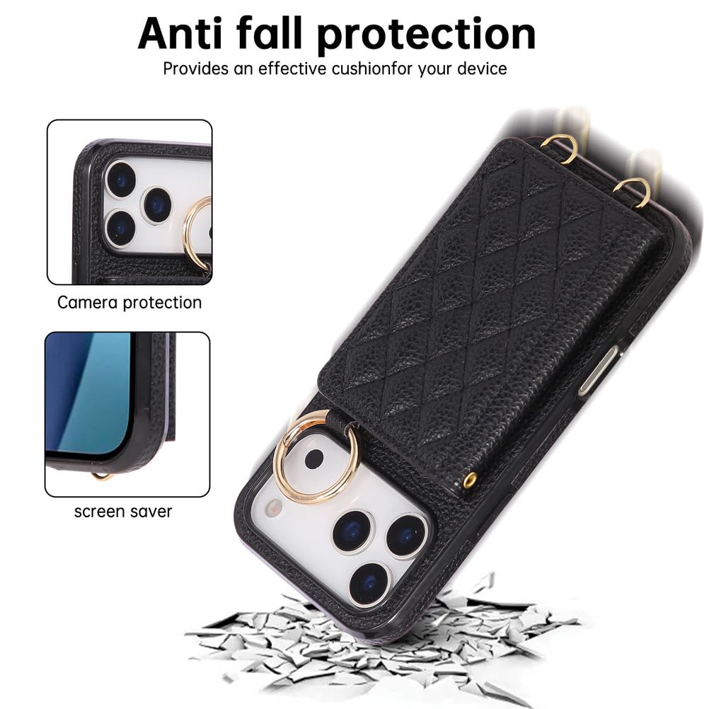 Etui na karty dla iPhone 17 Pro Max/17 Pro/Air/17, etui z diamentem dla kobiet z zawieszką pierścienia, skórzane etui na telefon komórkowy, czarny, Air