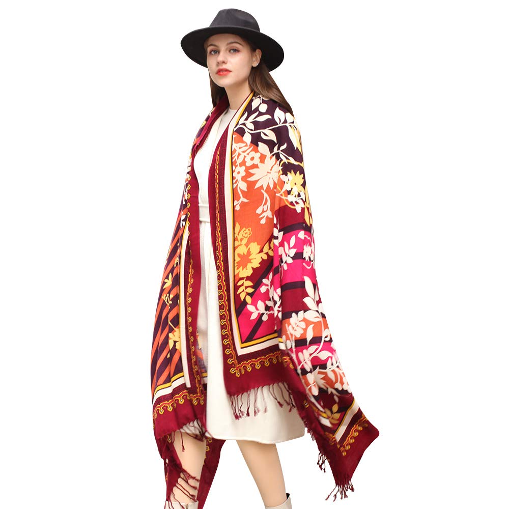 DANA XU 100% Merino Wool Pashmina Shawl for Women 96"x43", Oversized Cashmere Wrap with Tassels, Floral Travel Blanket Cape, Wine Sunset Floral Bands, 96 * 43 INCHES
