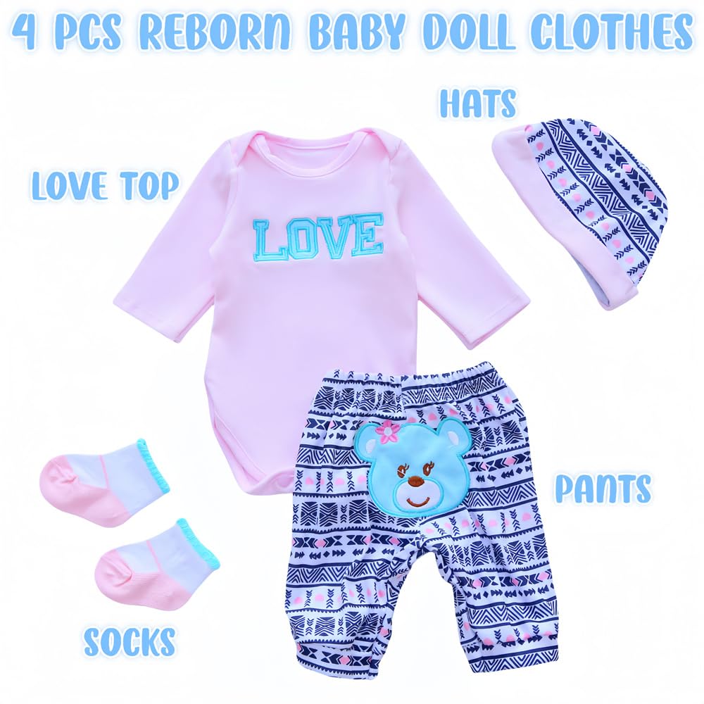 Reborn Babypuppen-Kleidung, Liebesmuster, 4-teiliges Set für 43,2-55,9 cm Neugeborene Babypuppe, Mädchen, Puppenkleidung, niedliches Bären-Outfit, Zubehör, passend für 43,2-55,9 cm
