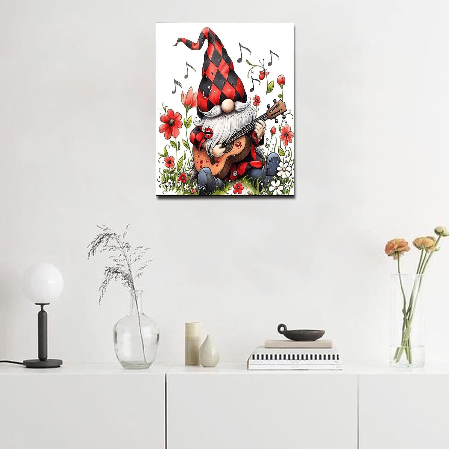 Gnome Play The Guitar Paint by Numbers for Adults Beginners Christmas Decoration DIY Acrylic Paint by Numbers Kits on Canvas Flowers Paintwork Music Artwork for Home Decor 16x20inch(DIY Frame)