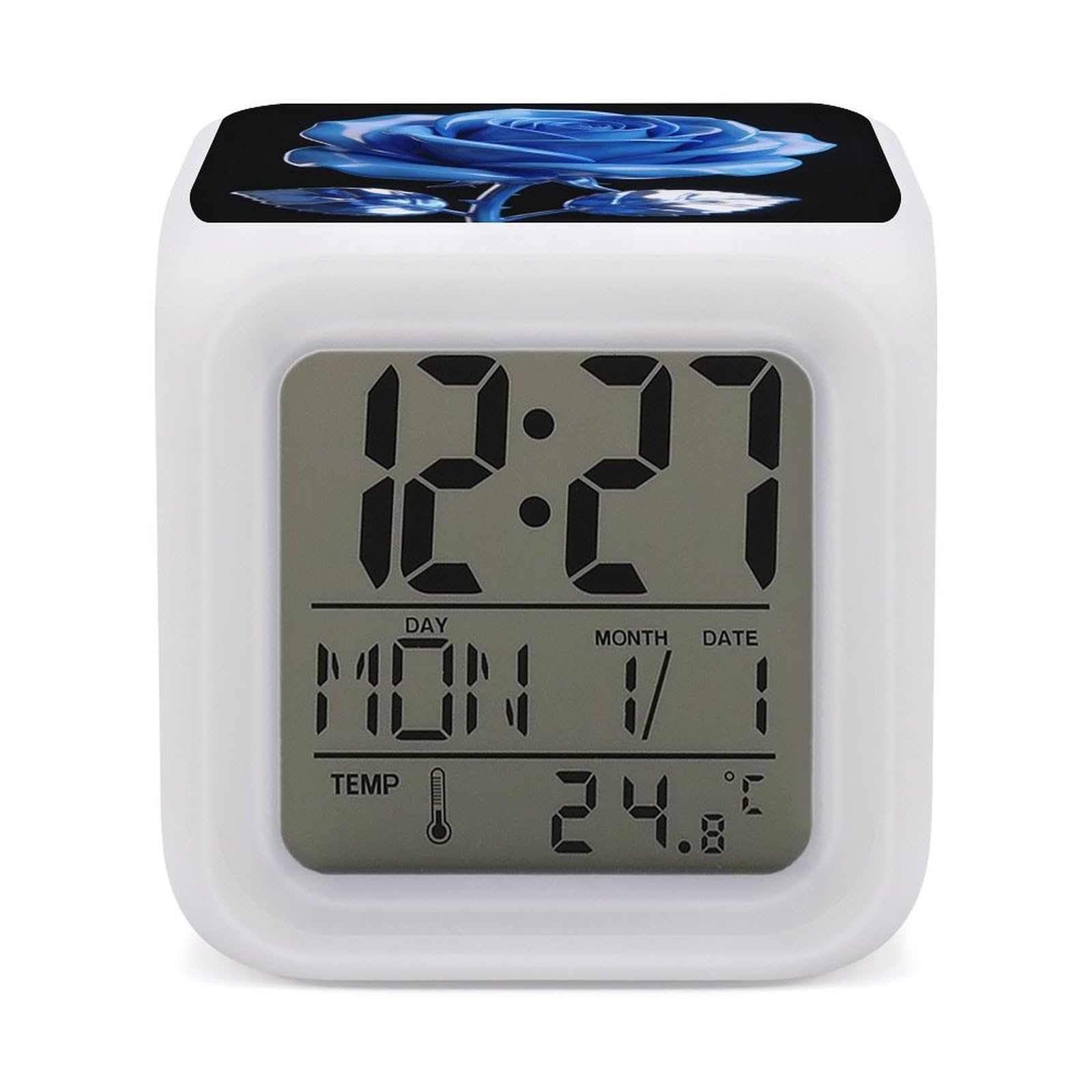 LZQPOEAS Blue Rose Alarm Clock with 7 Color Changing Nightlight for Bedroom Calendar Temperature Display Wake Up Digital Clock Small Desk Clocks for Heavy Sleepers Adults