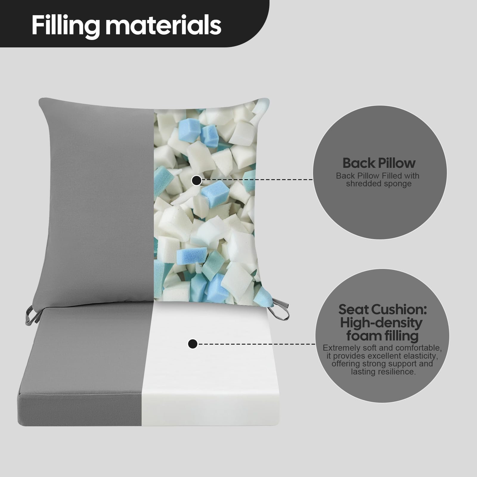Cojín para silla de jardín al aire libre con respaldo, 7 cm de grosor, impermeable, con funda extraíble, cojín para muebles de patio con lazos para sofá y sillas, 50 x 50 cm, gris