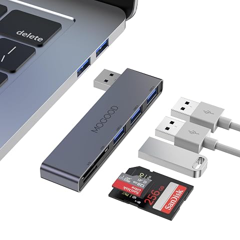 MOGOOD 5-Port USB Hub USB Splitter for Laptop USB 3 0 Dual Slot Flash Memory Card Reader for