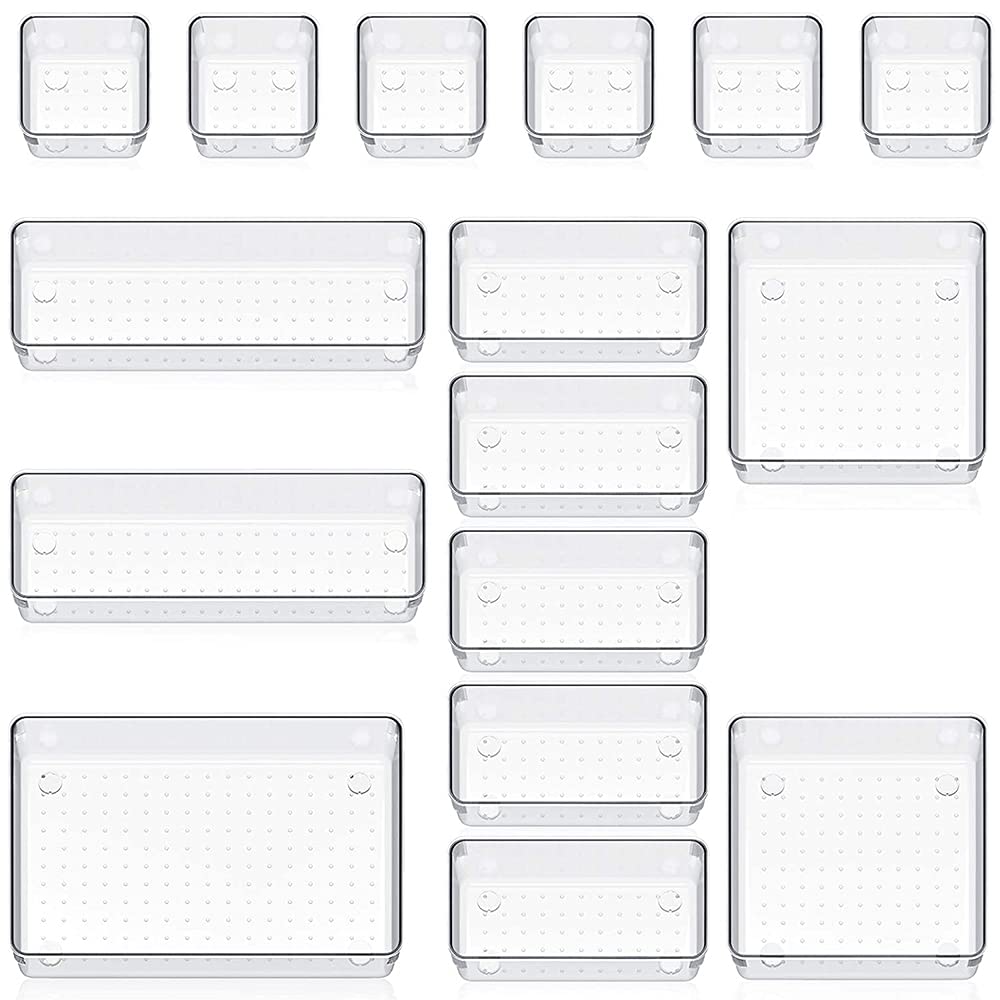 URbazaarDesk Drawer Organizers Trays Set Clear Plastic Storage Bins Bathroom Drawer Tray Dividers Vanity Trays Organizer for Bedroom Dresser Makeup Kitchen Utensil Office (16 Pcs)
