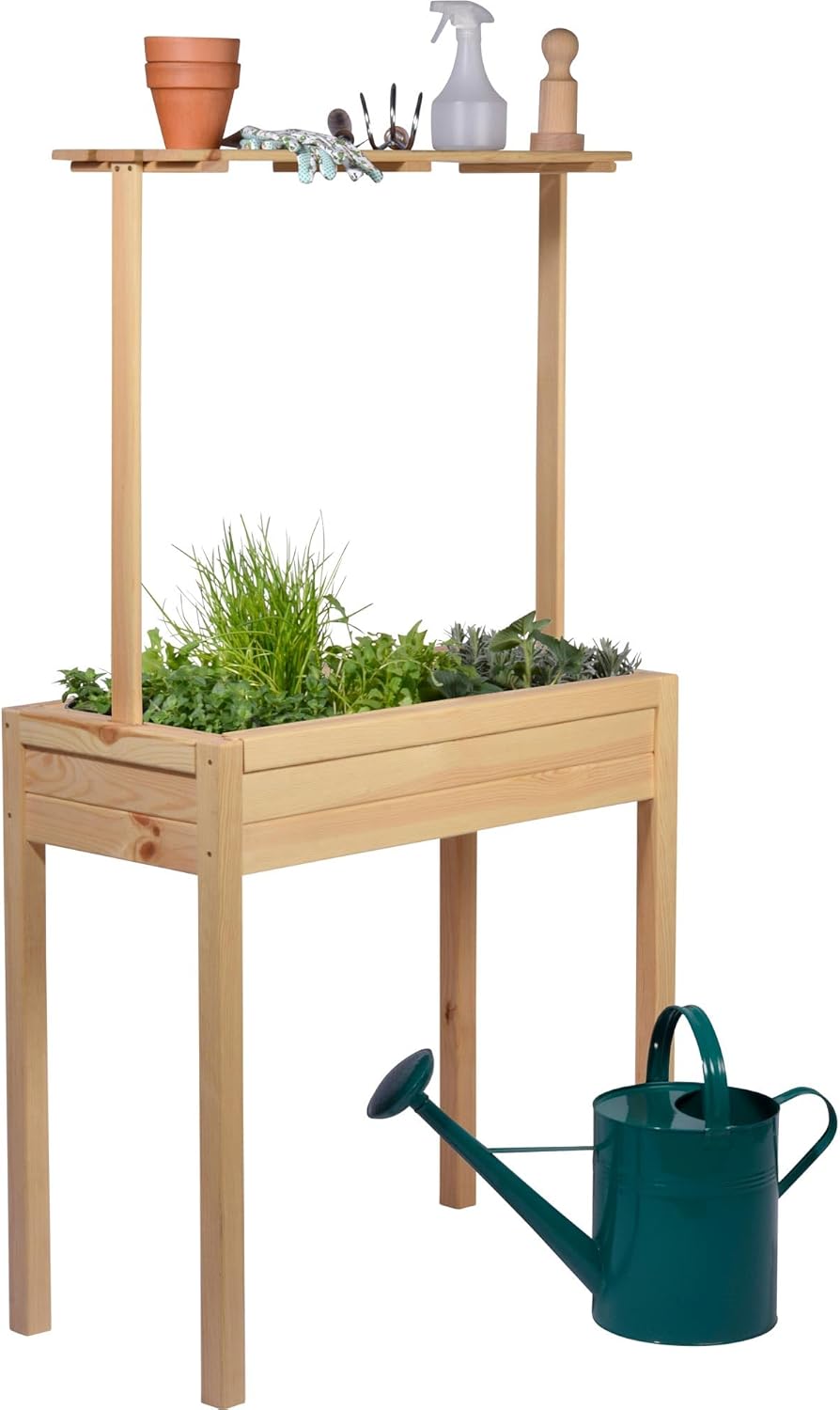 Large Florence Bed with Raised Shelf, Planter with Plant Fleece, 80 x 40 x 145 cm, Pine Wood Plastic, Natural, L